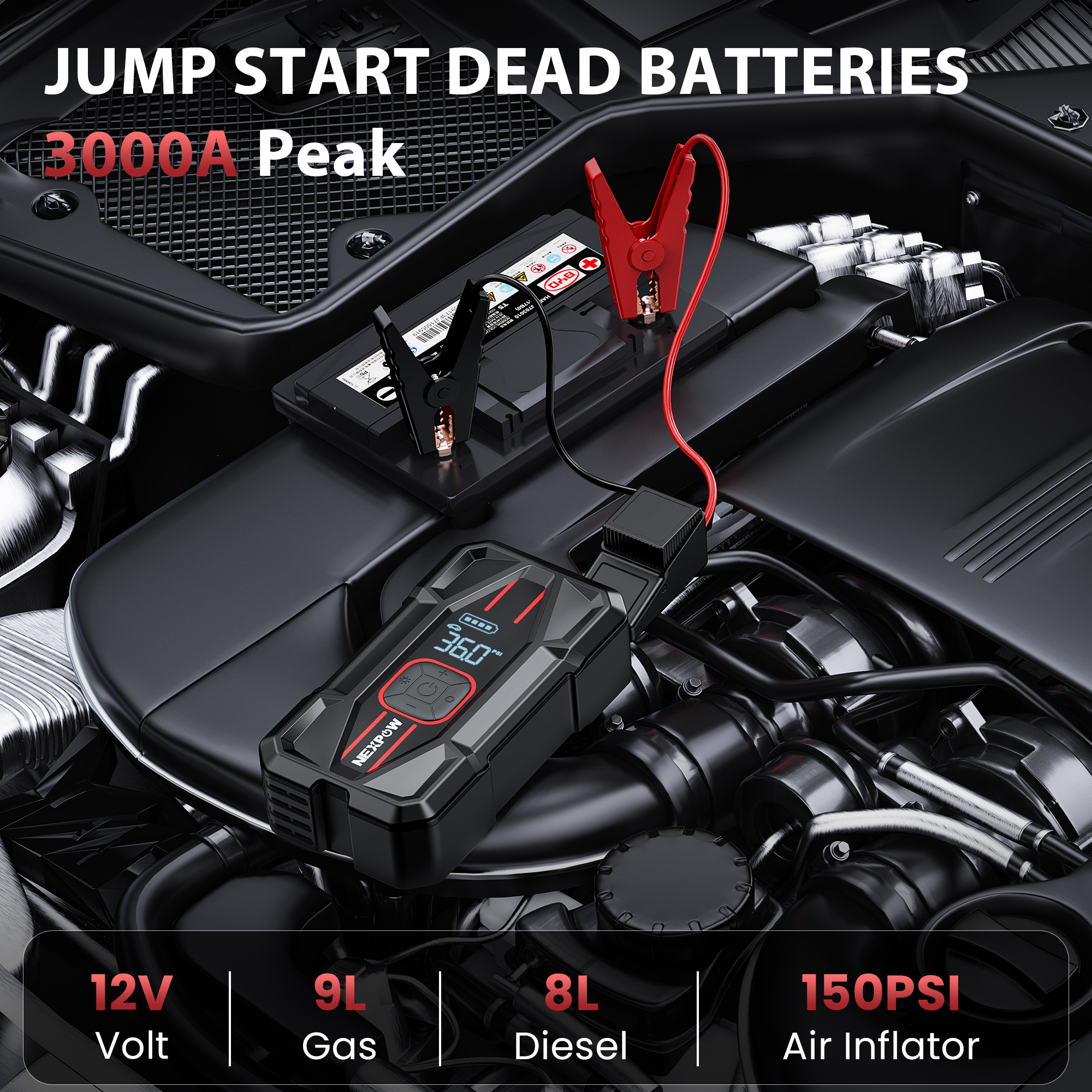 Nexpow 3000A Jump Starter with Digital Air Compressor, 150 PSI photo 2