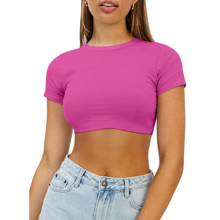 Vafful Women's Workout Crop Tops Short Sleeve Yoga Shirts Casual Athletic  Running T-Shirts Scoop Neck Crop Short Sleeve Crop Top for Women or Teen