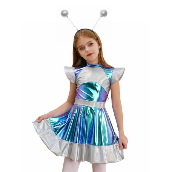 Linjinx Girls Alien Astronaut Outfit Sparkly Metallic Dance Dress with Alien Headband Kids Outer Silver 8
