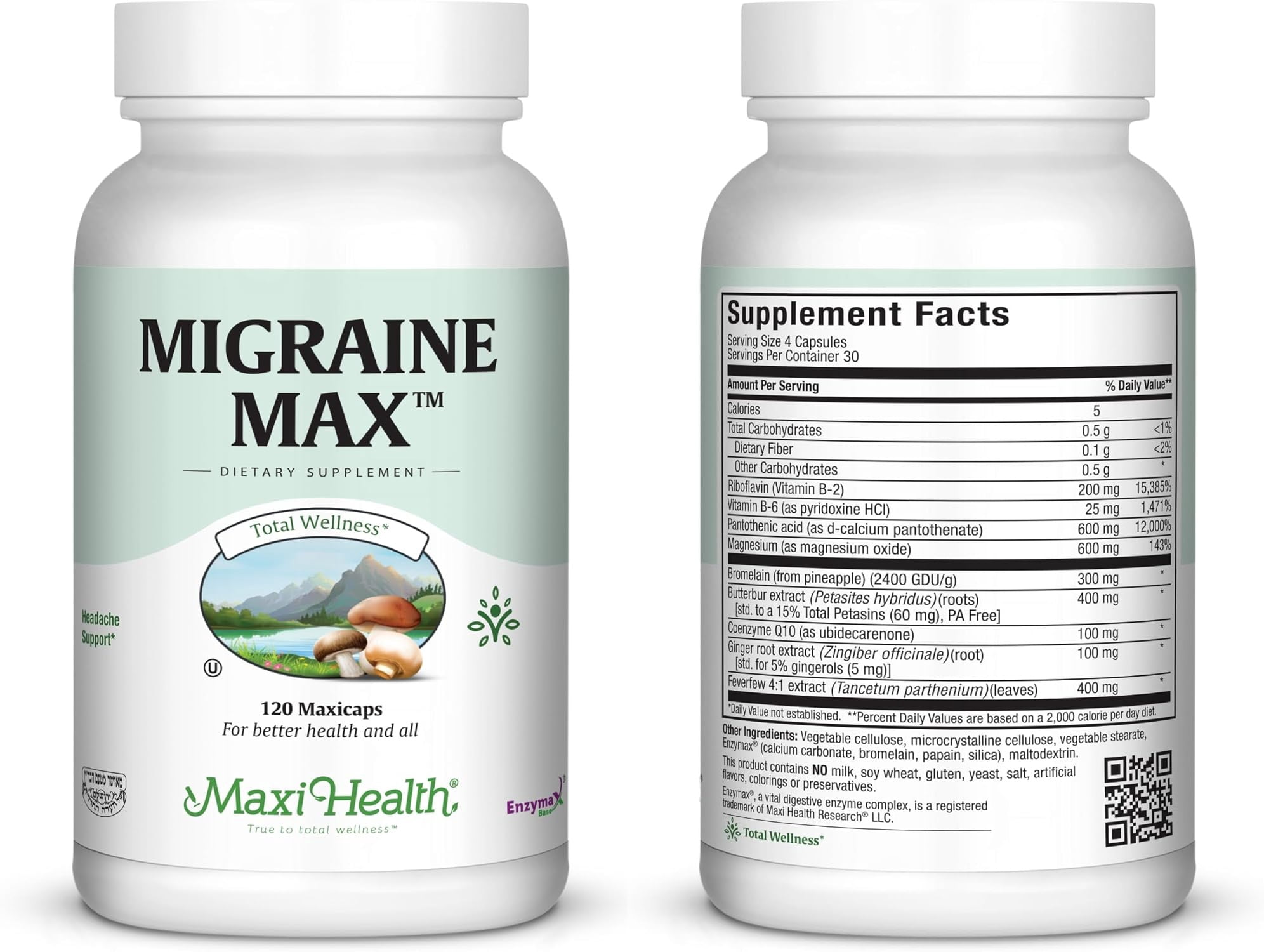 Maxi Health Migraine Max – Migraine & Headache Support with Feverfew, Magnesium & CoQ10 – 120 Capsules