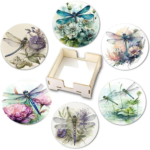 6PCS Dragonfly Floral Coasters 4 Inch Round Absorbent Wooden Cup Holders with Cork Base Tabletop Protection Coffee Mugs Wood Mats Coasters Saucers Pads for Drinks Christmas Decoration Gift
