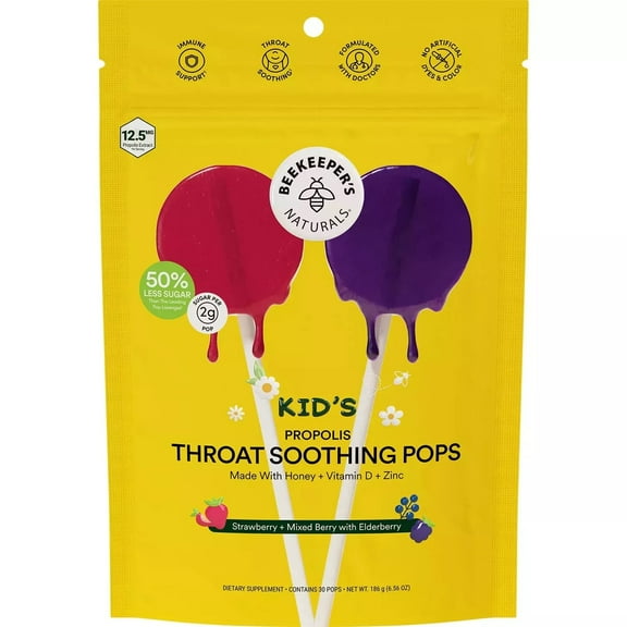 BeeKeeper's Naturals Kid's Propolis Throat Soothing Pops, 30 Count