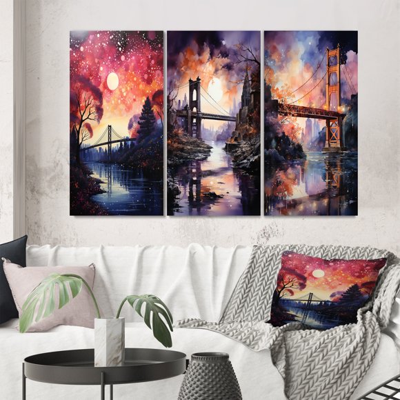 Designart "Pink Bridge Luminous Crossing painting" Cityscapes Wall Art Set Of 3 - Pink Bridges Gallery Wall Set For Home Decor