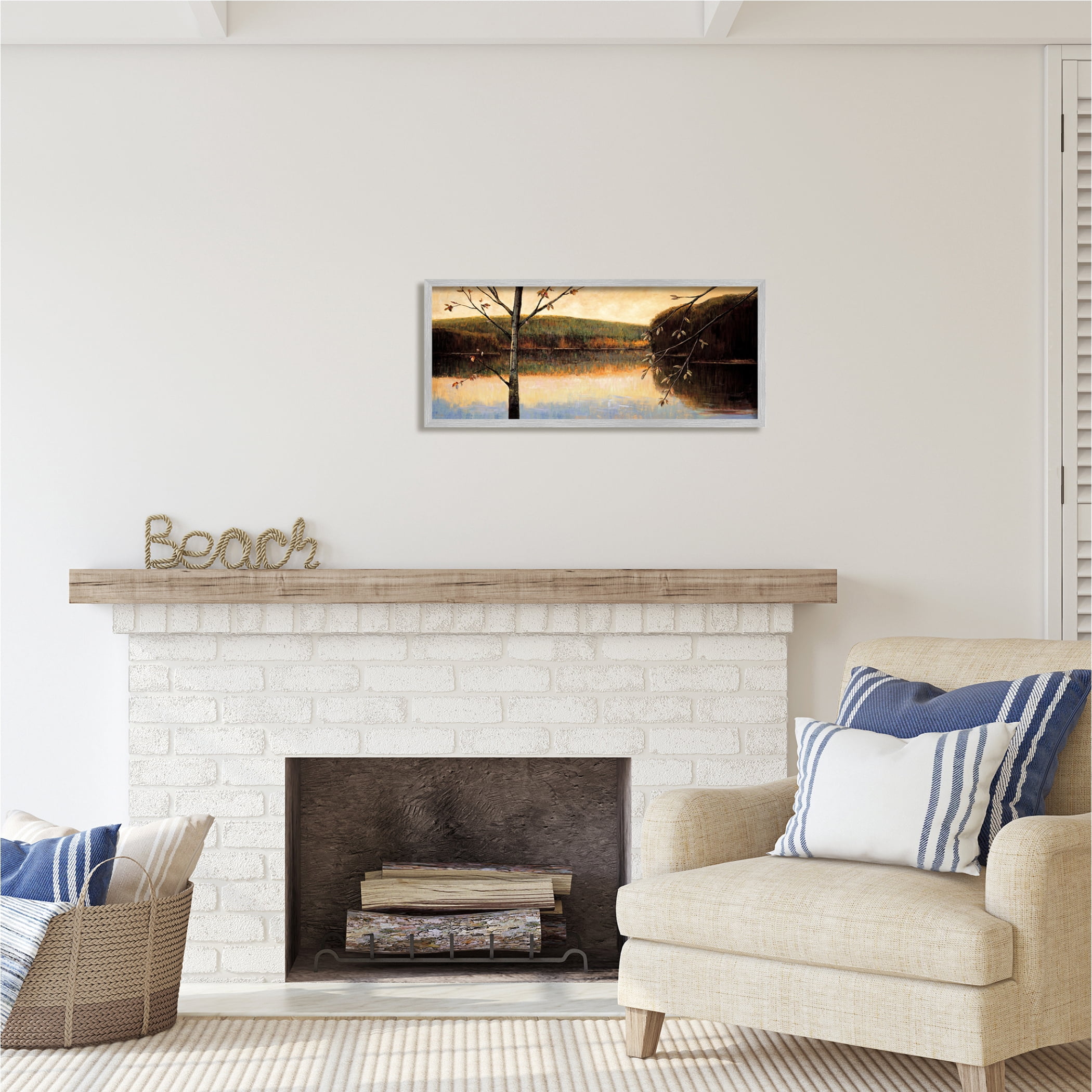 Stupell Industries Autumn Trees by Lake Nature Painting Gray Framed Art Print Wall Art, 30 x 13