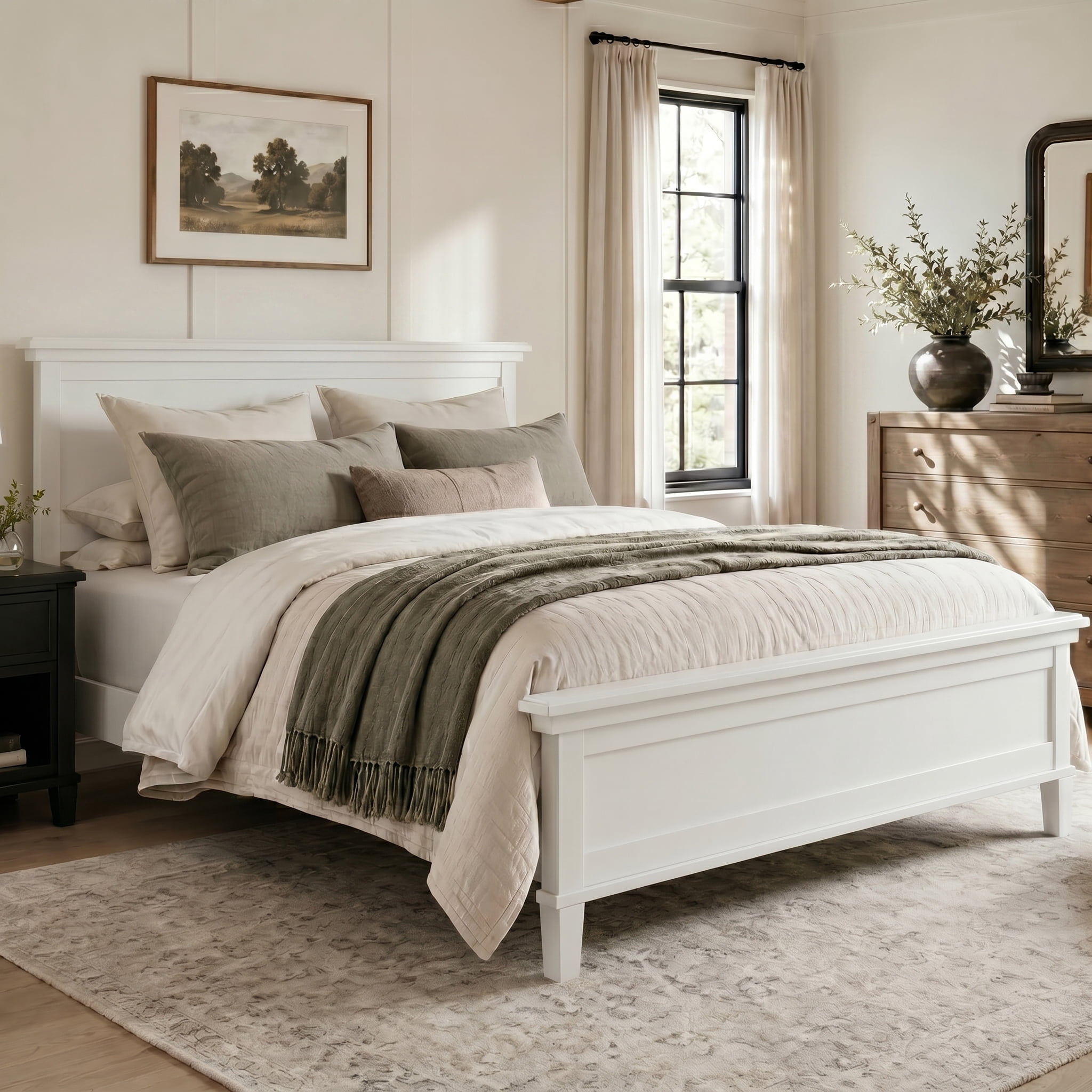 Euroco Mid-Century Wood Queen Size Platform Bed with Headboard and Wood Slat Support, No Box Spring Needed, White