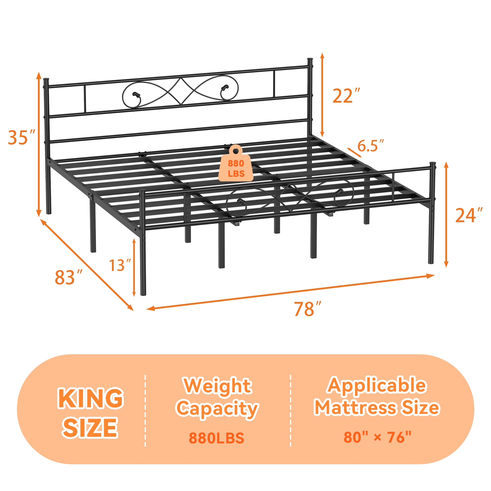 King Size Metal Platform Bed Frame with Fist Headboard, Under Bed Storage, Noise-Free Design, No Box Spring Required, Easy Assembly, Black Finish