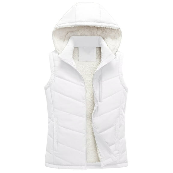 Chrisuno Women's Puffer Vest For Women Outdoor Recreation Vests Girls Puffy Quilted Hooded Sherpa Sleeveless Jacket White 2XL