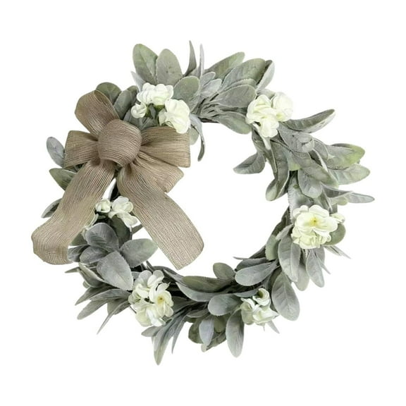 40cm Faux Lamb's Ear Wreath with Burlap Bow - Farmhouse Eucalyptus & White Floral Wreath | Front Door Wreath for Wall, Porch & Holiday Decor