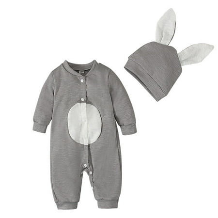

YWLINK Toddler Kids Boys Girls Romper Round Neck Long Sleeve Solid Color Cartoon Bunny Outside Bodysuit with Hat Romper Jumpsuit Outfit