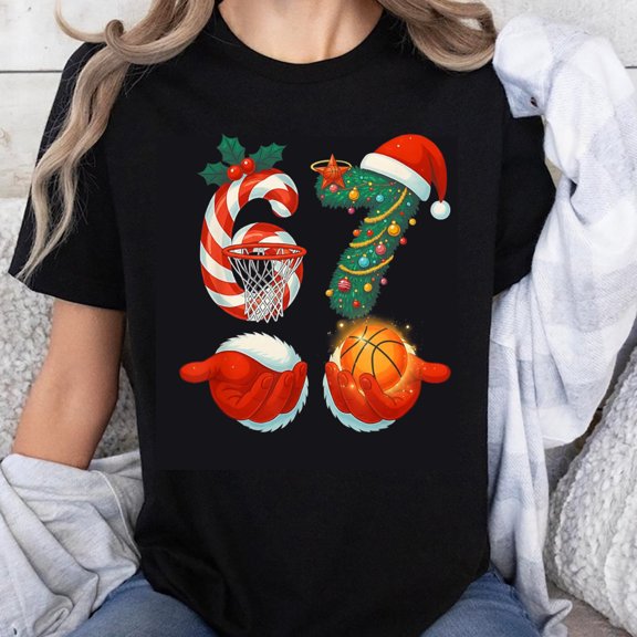 100% Cotton Christmas Basketball Holiday T-Shirt Candy Cane Hoop Tree Santa Hat Gloves Basketball Gift Design Fun Festive Wear