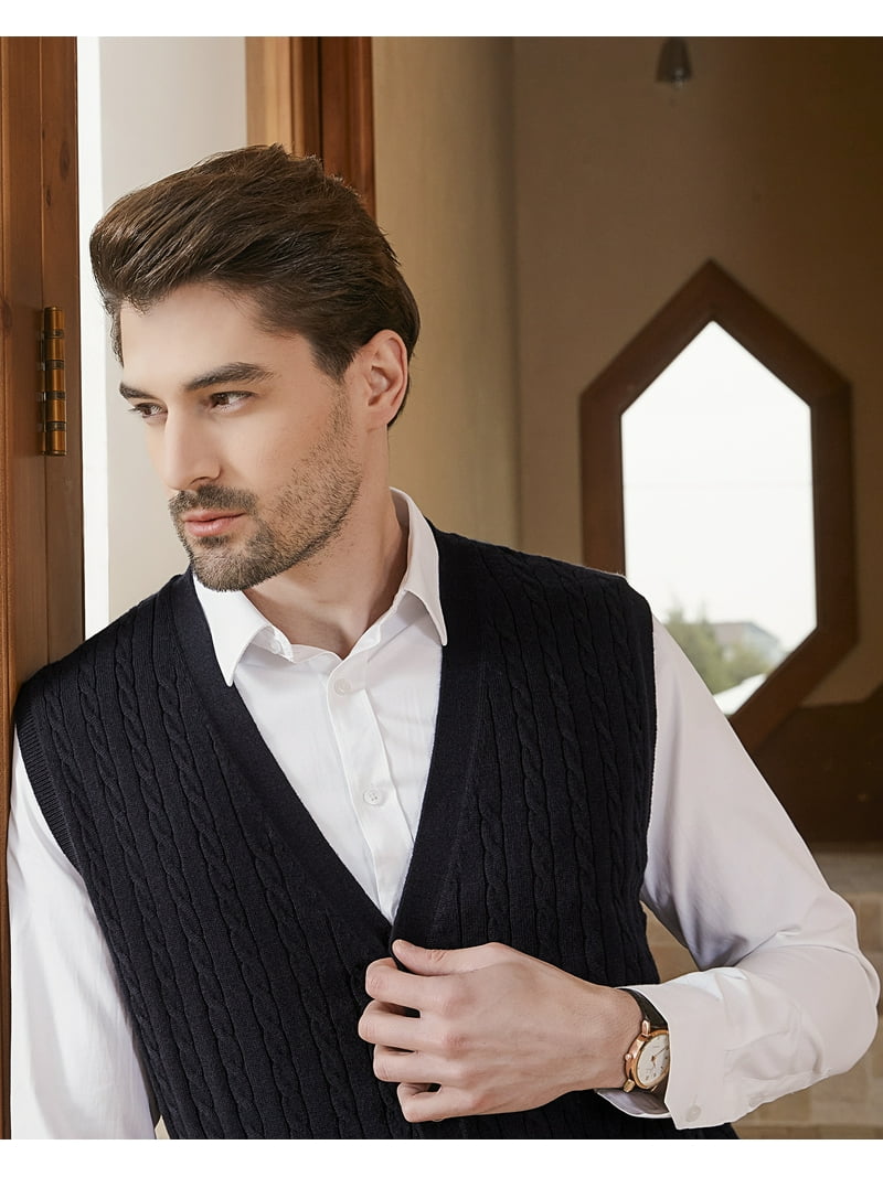 Kallspin Men's Wool Blend Cable-Knit V Neck Sleeveless Cardigan