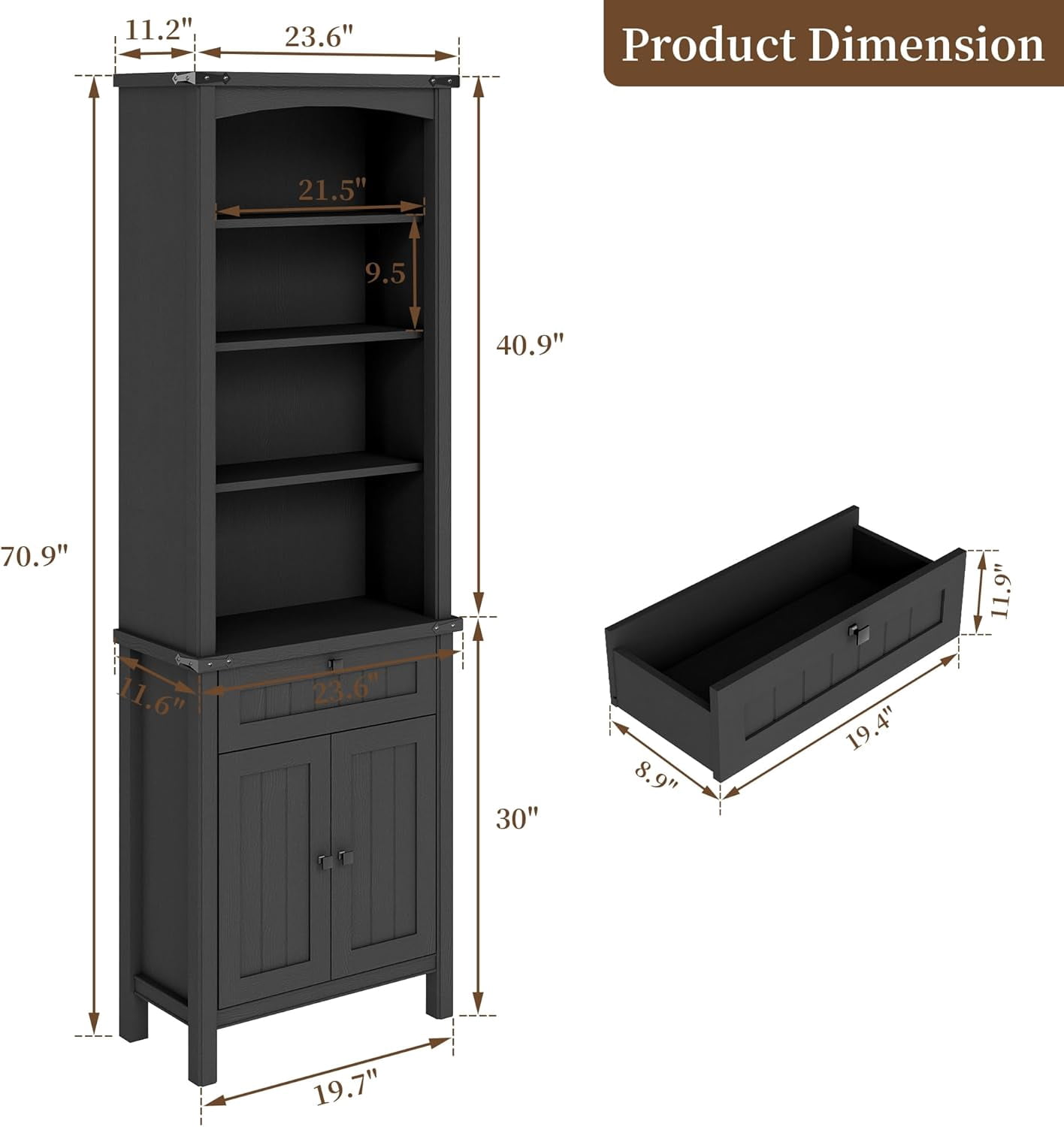 FIAKOA Rustic Bookshelves Set of 2, 71" Tall Wood Bookcase with Adjustable Shelves, 2 Cabinet Doors and Drawers, Farmhouse Display Storage for Living Room or Office(Black)