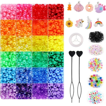 Miss Rabbit 4000 pcs Pony Beads for Jewelry Making Bracelet Making Kit, Kandi Beads for Crafts Making with Resin Pendants & Letter Beads Hair Beads with Hair Beader Rubber Bands