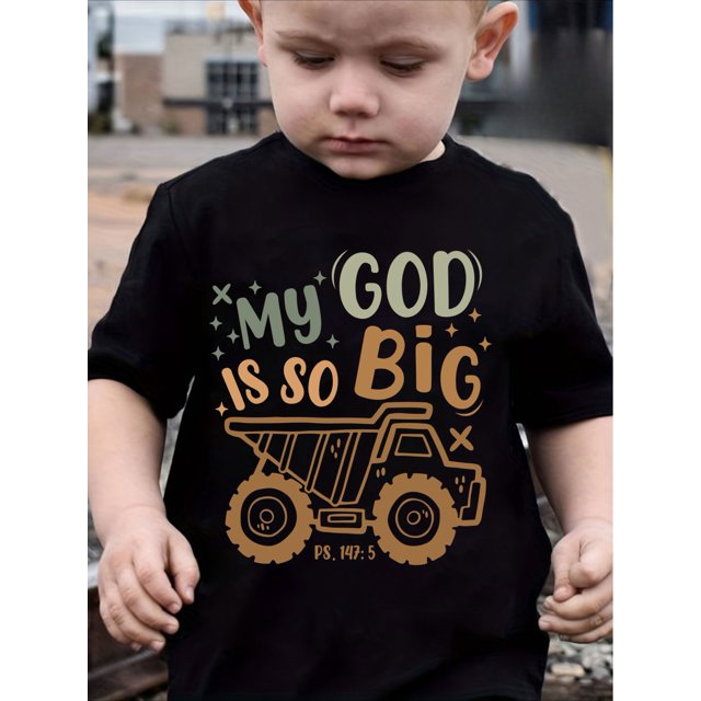 GOURD DOLL - Camiseta con gráfico de bulldozer "My God Is So Big" para niño - 100 % algodón, manga corta, cuello redondo, ropa informal de verano, lavable a máquina, estampado aleatorio, corte están