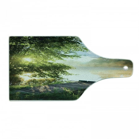 

Landscape Cutting Board Fishing Pier by River in the Morning Clouds and Trees Nature Image Decorative Tempered Glass Cutting and Serving Board Wine Bottle Shape Green Blue White by Ambesonne