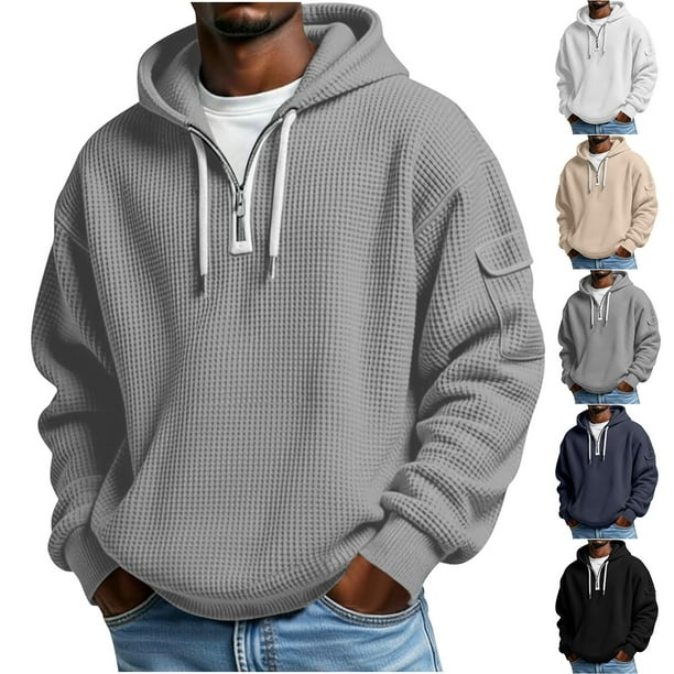 RKSTN Men's Quarter Zip Hoodies Oversized 1/4 Zip Waffle Knit Drawstring Long Sleeve Pullover Hooded Sweatshirts Tops Mens Casual Solid Half Zip Loose Fits Fall Athletic Hoodie with Pockets