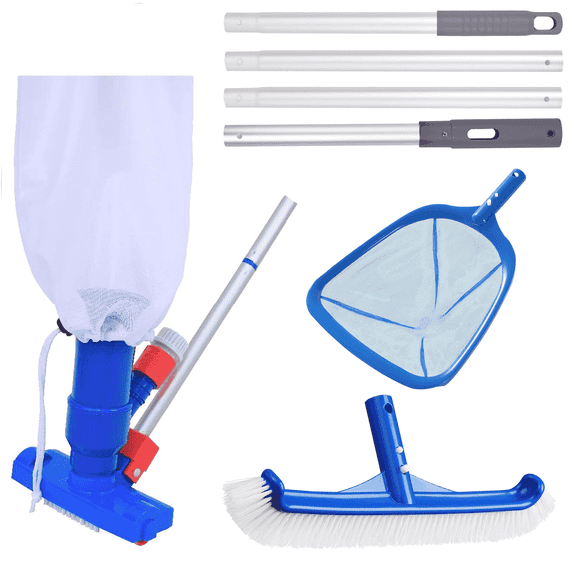 Gilysido Swimming Pool Cleaning Kit,Pool Brush and Skimmer Set with Pool Cleaning Brush and Skimmer Leaf Net and Aluminum Pole for Above Ground Pools(Blue,4 Pcs)