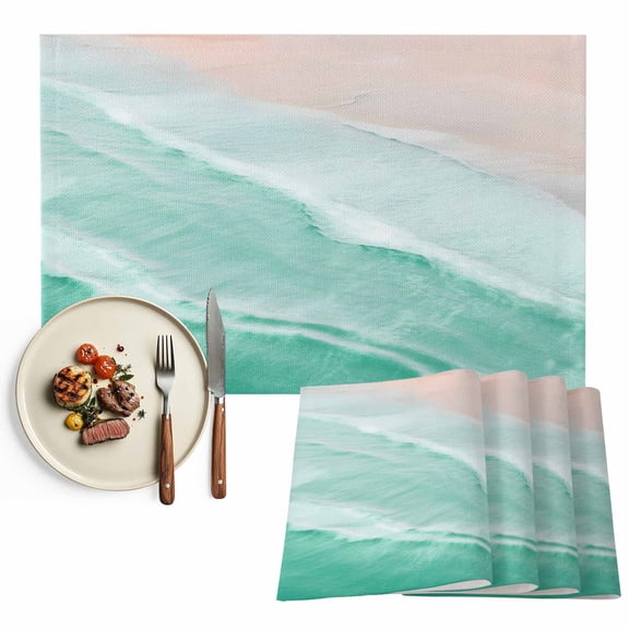 Placemats Set of 4, Aqua Ocean Waves Placemats Set of 4, Ombre Beach Spray Tablemats Washable Placemat Table Decoration for Kitchen Table Dinner Party Home Decor Indoor Outdoor 13x19 Inch
