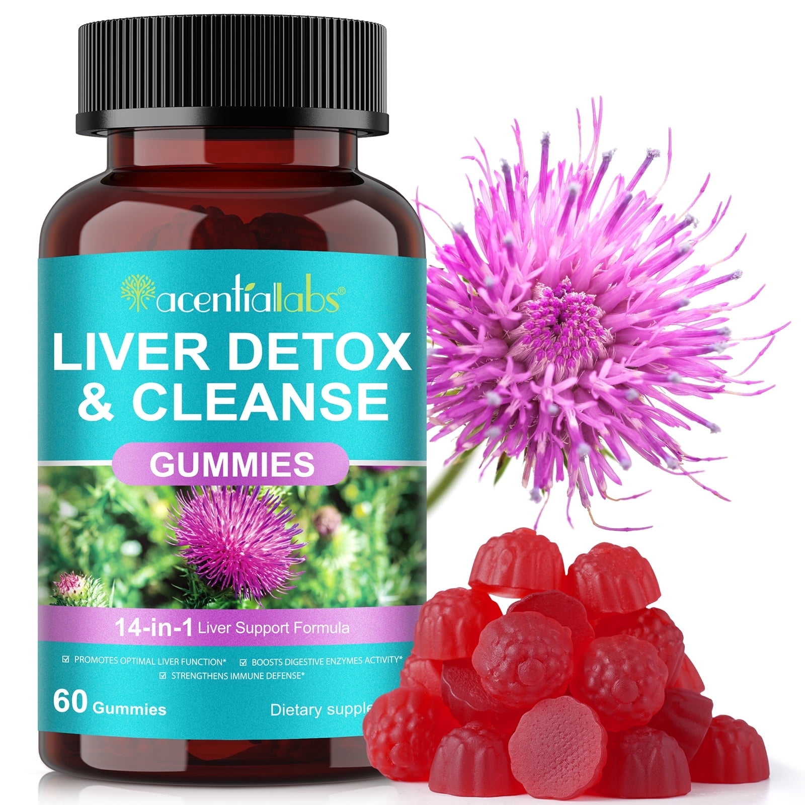 Liver Detox & Cleanse Gummies - 14-in-1 Liver Support Blend, Support Liver Function & Healthy Liver Enzyme Levels, 60 Gummies