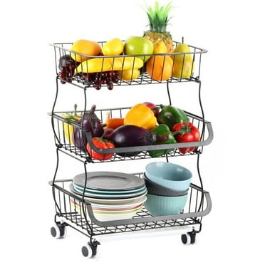 TEAFIRST 3 Tier Basket Cart, Stackable Metal Wire Baskets with Rolling Wheels Storage, Black