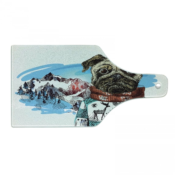 Pug Cutting Board, Sketch Style Dog with Winter Clothes Scarf Sweater Mountains Background Open Sky Image, Tempered Glass Cutting and Serving Board, Wine Bottle Shape, Ruby Blue, by Ambesonne