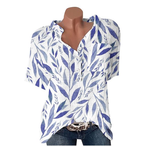 Wenini Shirts for Women Short Sleeve V-Neck Leaves Print Summer Basic Tops Button Down Lapel Plus Size Cotton Linen Blouse with Pocket White L