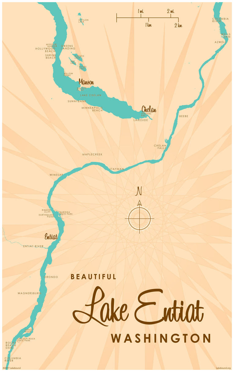 Lake Entiat Washington Map VintageStyle Art Print by Lakebound (30" x