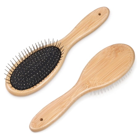 Pro stainless steel pin dog brush w/ bamboo handle, 20mm round pins for long/short hair pets. Airbag comb reduces shedding, gentle on skin, ideal for daily fur care. Brown