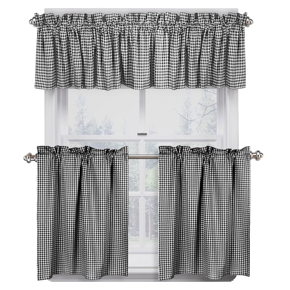 Native Fab Gingham Mini Check 3 Piece Window Curtain Tiers 26"x36" and Valance 54"x18" Set - Rod Pocket - Semi Sheer - Farmhouse Vintage Curtain for Kitchen, Cafe, Living Room - Black and White