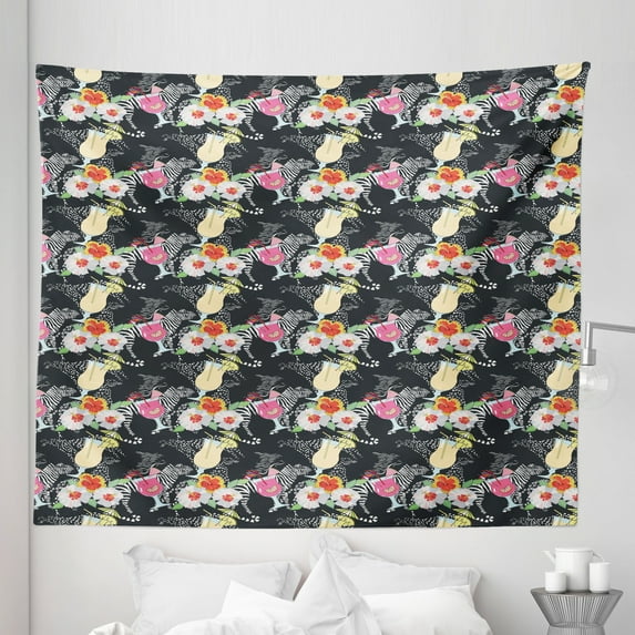 Aloha Tapestry, Pattern with Cocktails and Hibiscus Blossoms on Zebra Background Hawaiian Luau Theme, Fabric Wall Hanging Decor for Bedroom Living Room Dorm, 5 Sizes, Multicolor, by Ambesonne