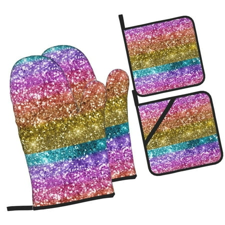 

Zeuib Glitter Rainbow Oven Mitts and Potholders BBQ Gloves Kitchen Oven Glove High Heat Resistant 500 Degree Extra Long Oven Mitts and Potholder with Non-Slip Silicone Surface for Cooking
