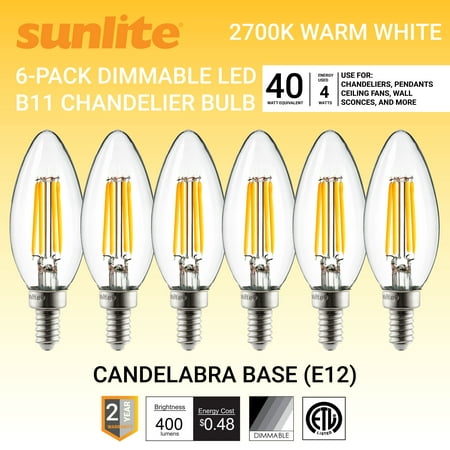 

Sunlite LED Filament B11 Torpedo Tip Chandelier Light Bulb 4 Watts (40W Equivalent) Candelabra E12 Base Dimmable ETL Listed 2700K Warm White Light 6 Pack