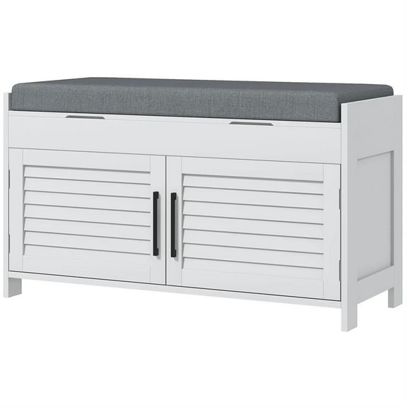 Demi Bonn 35" Modern Entryway Bench with Cushion, Hidden Storage, Shutter Doors, Adjustable Shelves, White