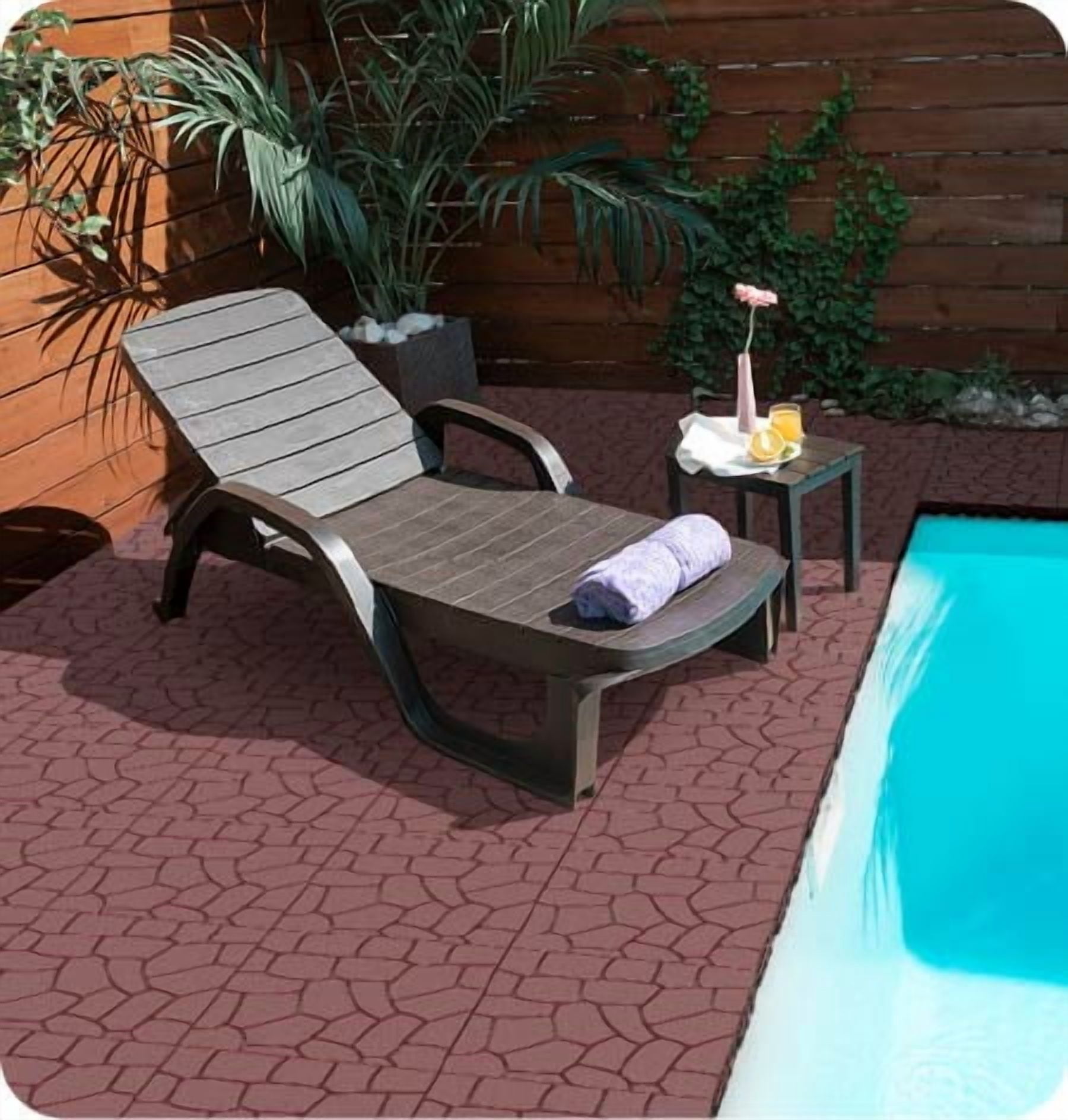 12" Patio Deck Tiles 44pcs Brown, DIY Module Interlocking Decking Tiles, Easy Quick Installation Court Tiles, PP Material Weather Fade Resistant for Porch Poolside Balcony Backyard Indoor Outdoor Use