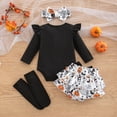 thumbnail image 5 of FASHOFT Baby Girl Halloween Outfit Long Sleeve Cartoon Print Romper Shorts Coat Headband 4 Piece Outfit Set For Baby Holiday Daily Party Wear Halloween Black 9-12 Months, 5 of 7