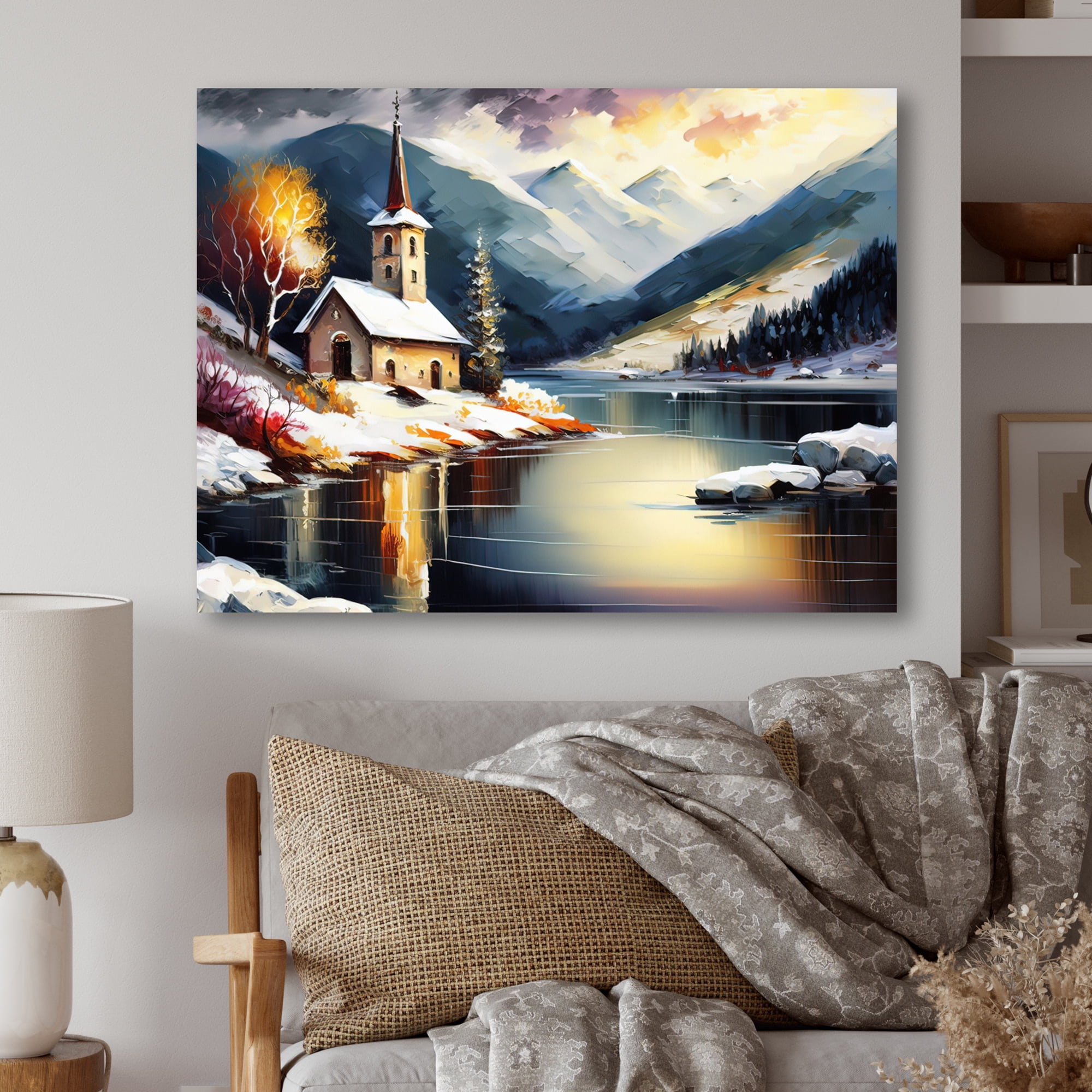 Designart Church On A Lake In Winter IV Canvas Wall Art