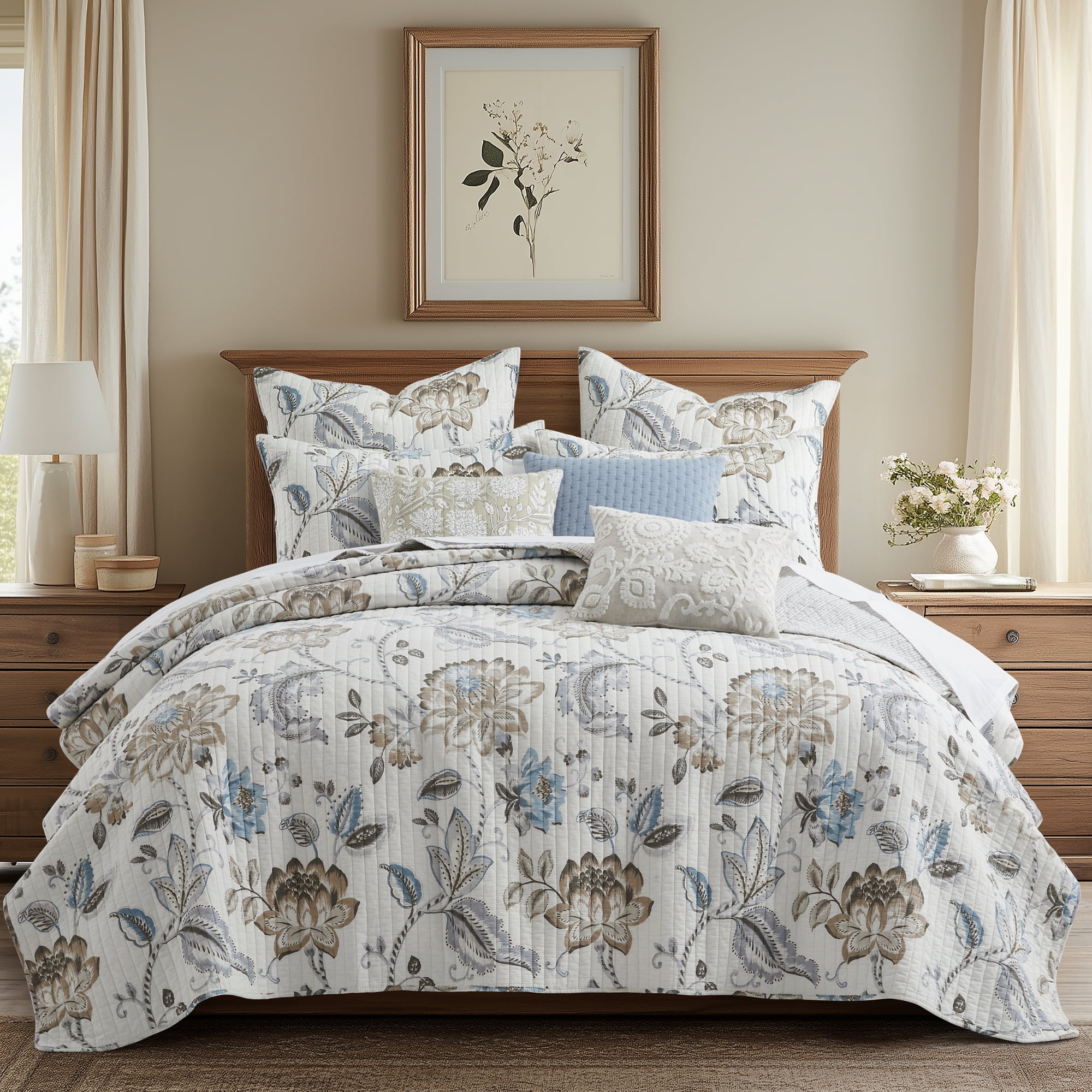 Levtex Home - Maileen Neutral Blue - Decorative Pillow (14x18in.) - Suzani - Taupe and Cream