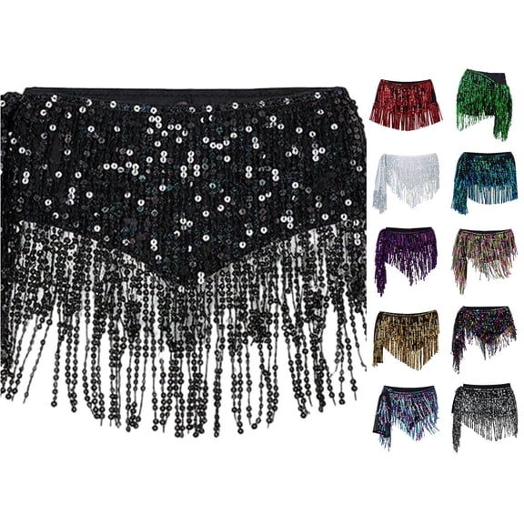 Wxolcjlv Womens Wrap‑Around Sequin Tassel Skort Adjustable Side Tie for Party Nightclub Activities Skorts
