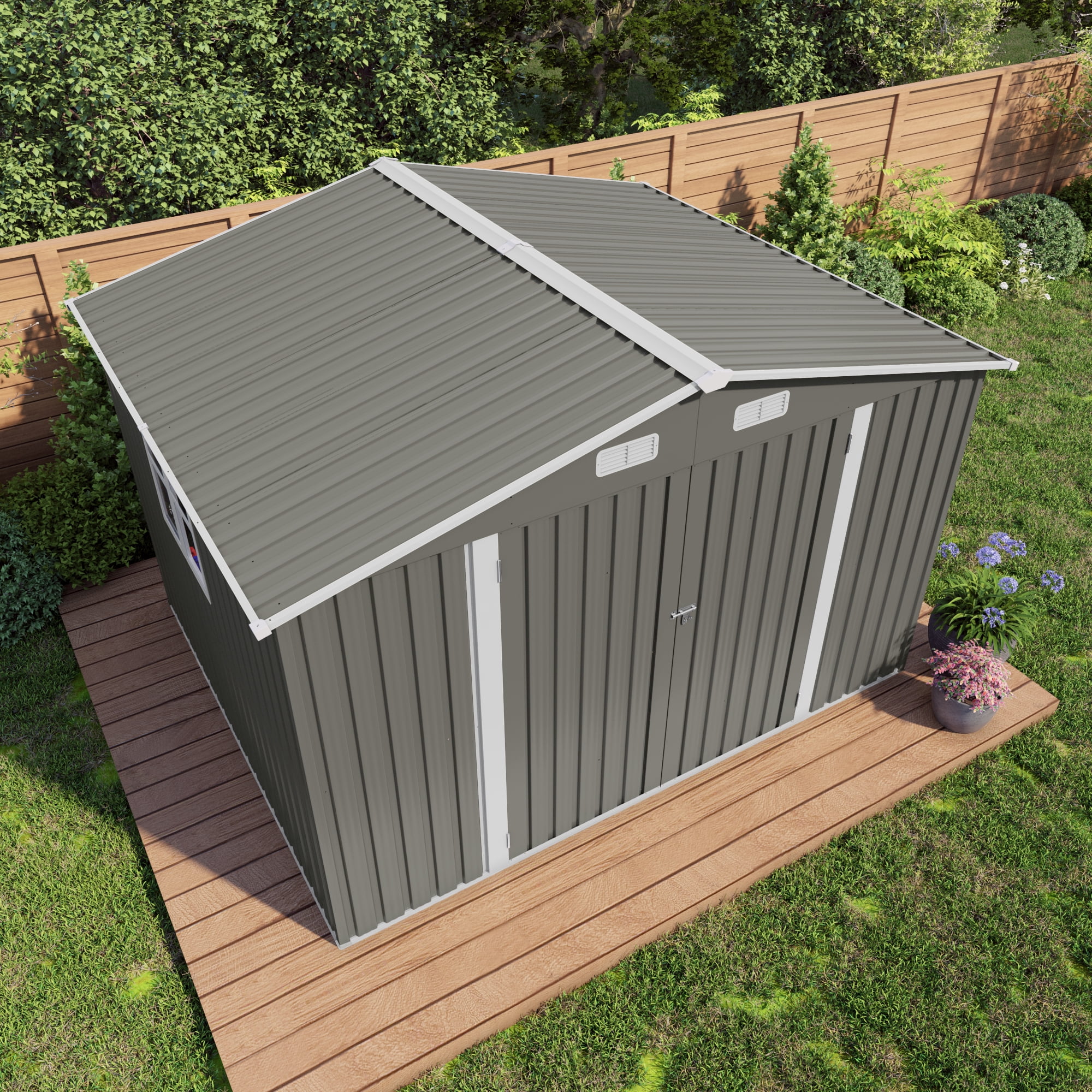 Leumius 10x8 FT Outdoor Storage Shed, Large Metal Storage Shed, Lockable Door and Air Vent, Clear Window Garden Tool Shed for Bicycles, Tools, Lawnmowers, Backyards, Patios, Lawns Gray
