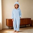 thumbnail image 6 of Kids Pumpkin Hooded Solid Fleece One‑Piece Jumpsuit Full‑Zip Loungewear Onesie Blue 14-15 Years, 6 of 7