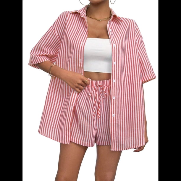 Conjunto de 2 Piezas para Mujer: Camiseta de Rayas de Corta de Verano y Mini Shorts Holgados de Cintura Alta. Rojo XL