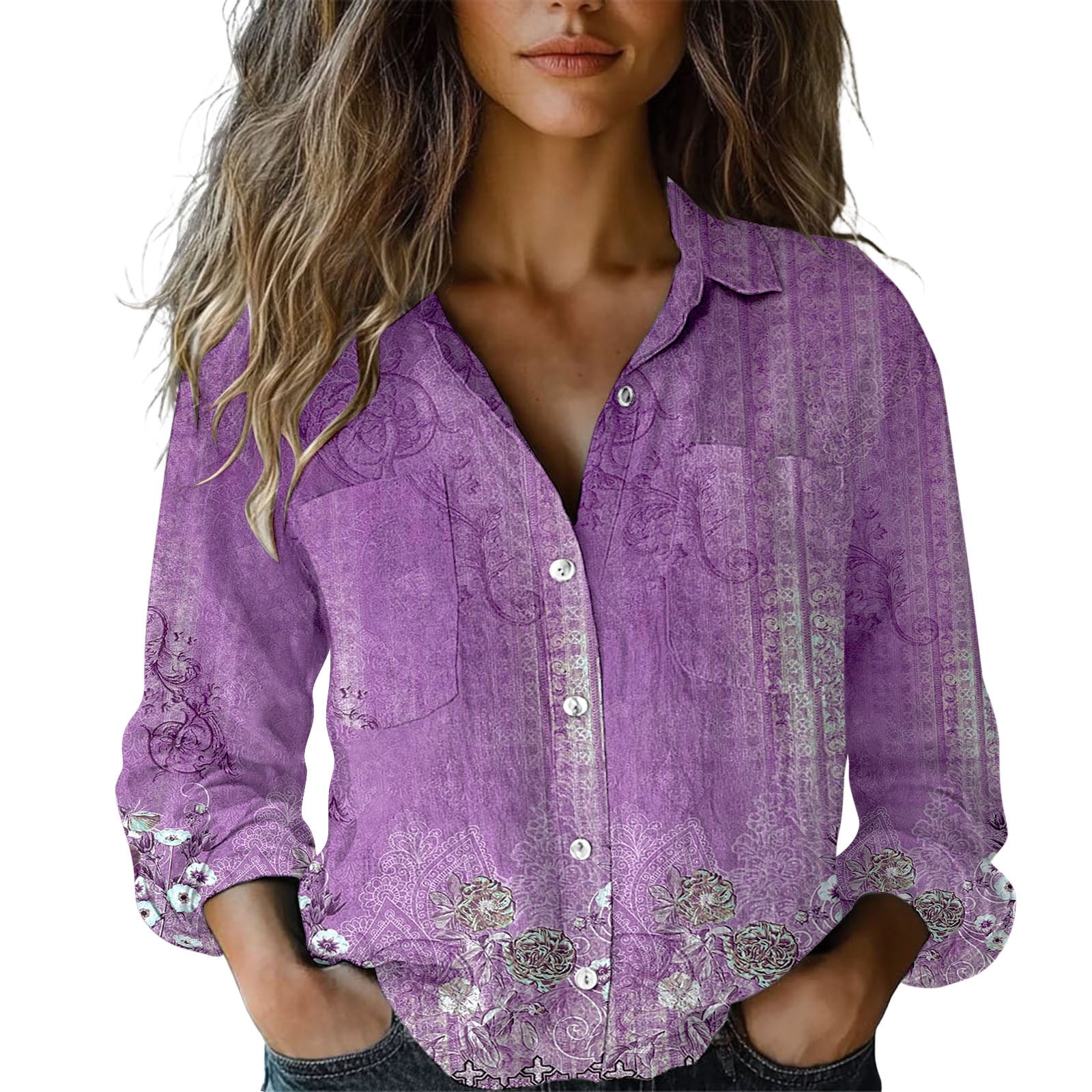 Twitterページ レディース服 WZXFASHION Women's Long Sleeved Printed Button Down Shirt
