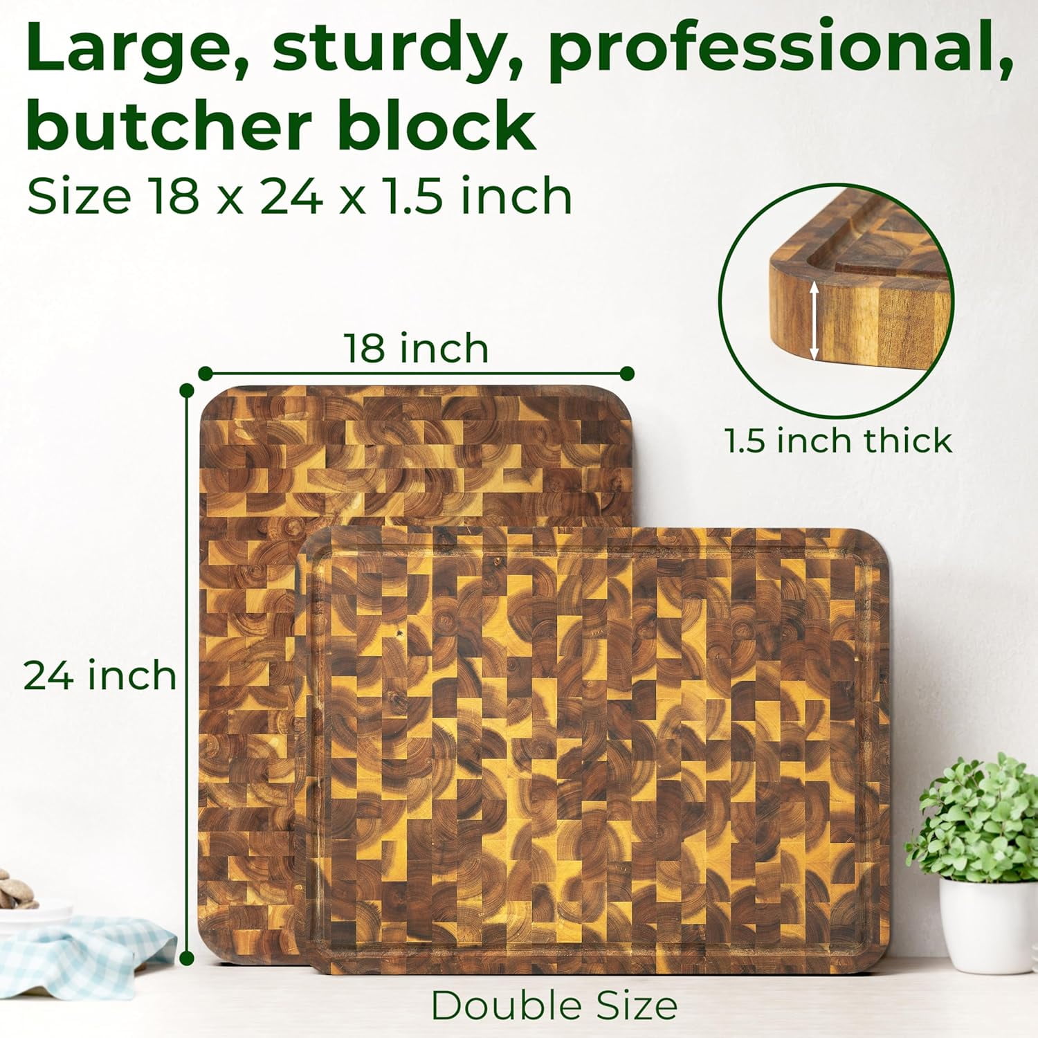 HOMESTEAD End Grain Acacia Wood Cutting Boards 23x18x1.5 – Butcher Block Chopping Board with Sorting Compartment, Juice Grooves & Handles – Non-Toxic Kitchen Board for Food Prep, Home Decor
