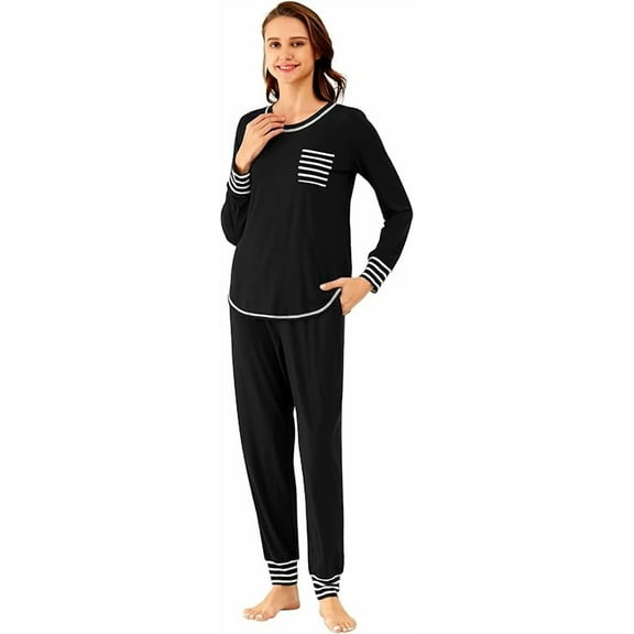 WiWi Bamboo Viscose Pajamas Set for Women Long Sleeve Sleepwear Soft Loungewear Sets Jogger Pants with Pockets S-XXL, Black, XX-Large