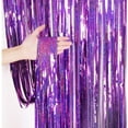 thumbnail image 1 of Nvzi Paquete de 2 cortinas con flecos de papel de aluminio plateado de 3,28 x 8,2 pies, serpentinas de oropel para decoraciones de fiesta de cumpleaños, fiesta de discoteca, morado, 1 of 4
