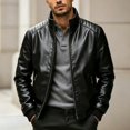 thumbnail image 2 of Atkumj Mens Bomber Jacket Fashion Stand Collar Zip Up Outdoor Faux Leather Jacket Casual Solid Color Fleece Lined Warm Jackets for Men 5XL, 2 of 7