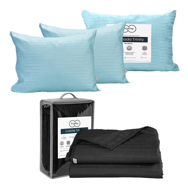 Colcha Matrimonial Acabado Ultrasónico Trinity Negro + Almohada Trinity 2