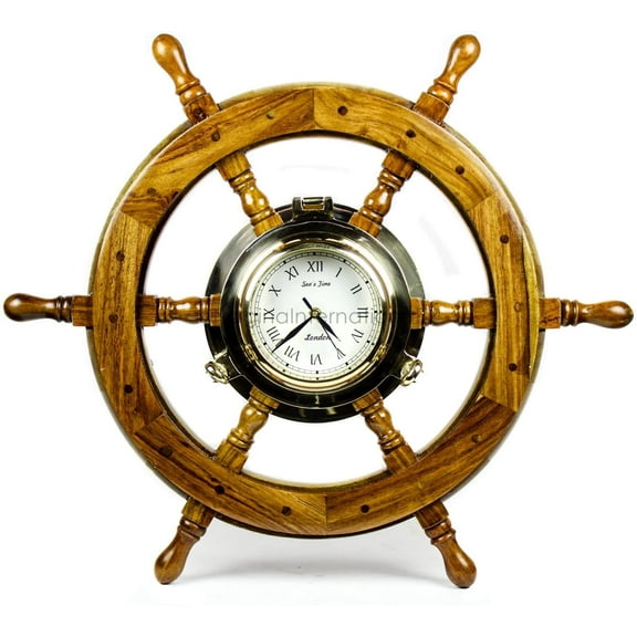 Nagina International Premium Nautical Home Decor Polystone Pirate's Porthole Clock Ship Wheel (30 Inches)