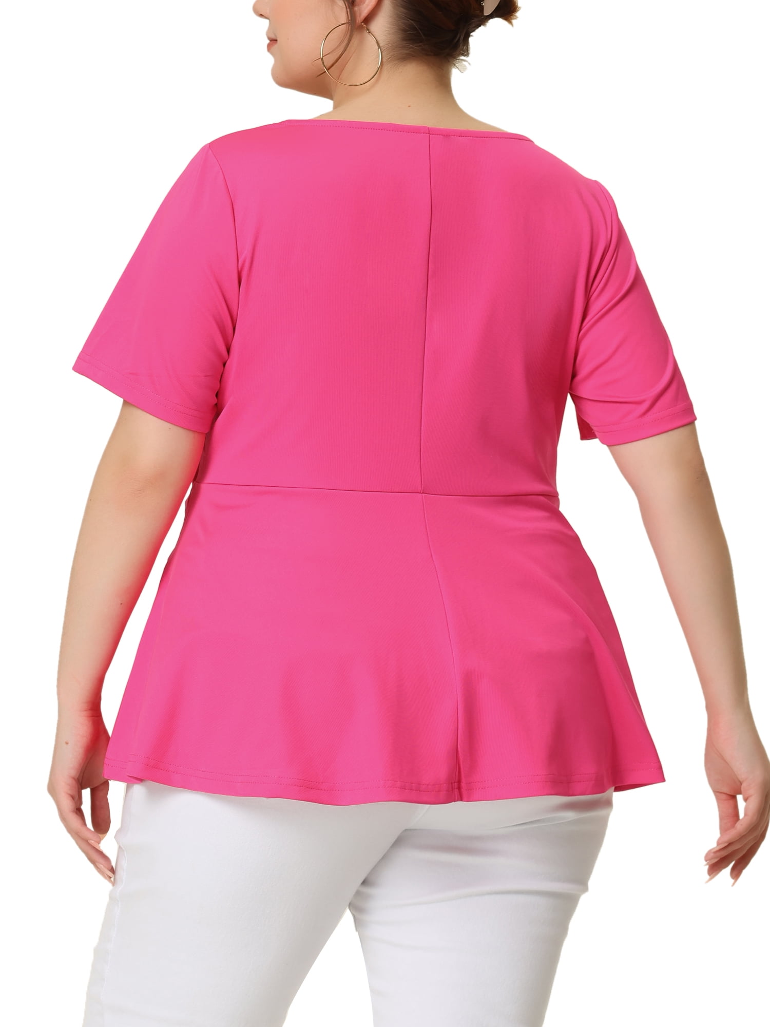Unique Bargains Women's Plus Size Short Sleeve Solid Outfits Fashion Wrap Peplum Tops 3X Hot Pink