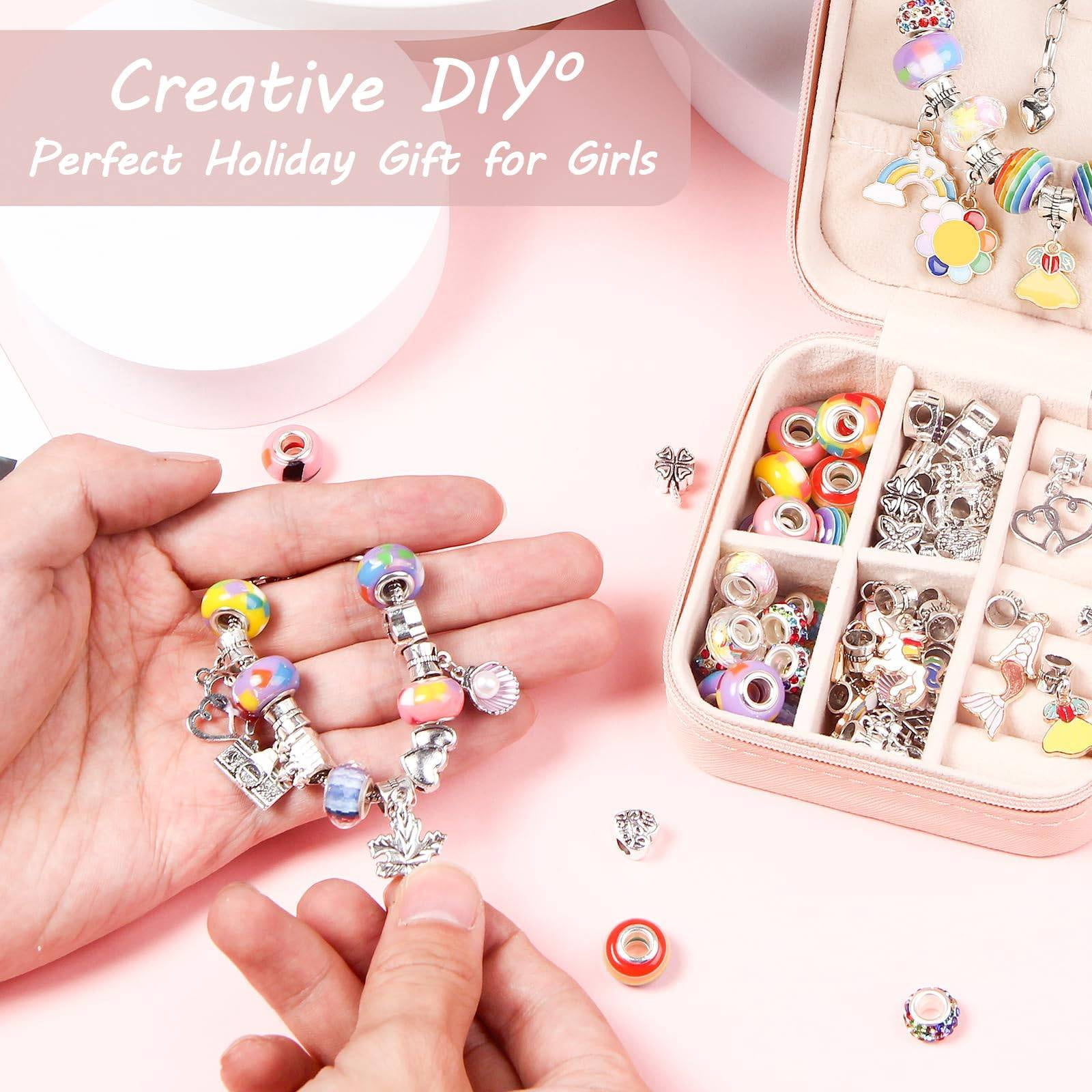 iMucci Charm Bracelet Making Kit - Girls DIY Beaded Jewelry Making Kit, Unicorn Mermaid Series Charms Gifts Set for Girls Crafts, with a Portable Bracelet Organizer Box